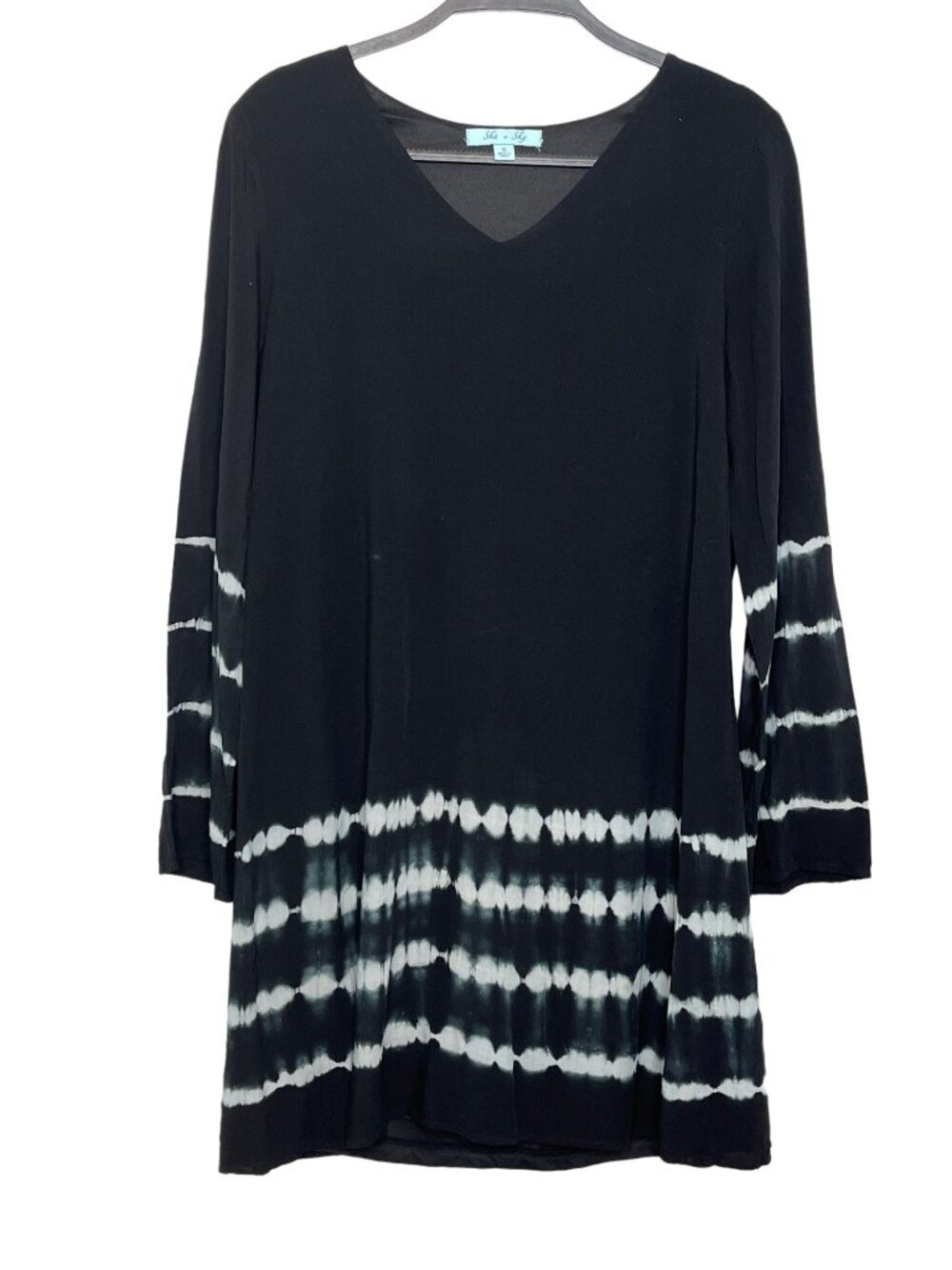 She Sky Womens Small Black Tie Dye Dress Bell Sleeve Boho Casual Tunic
